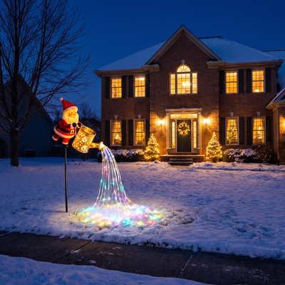GLOWFALL Santa Cascade Light staked in a snowy front lawn at night